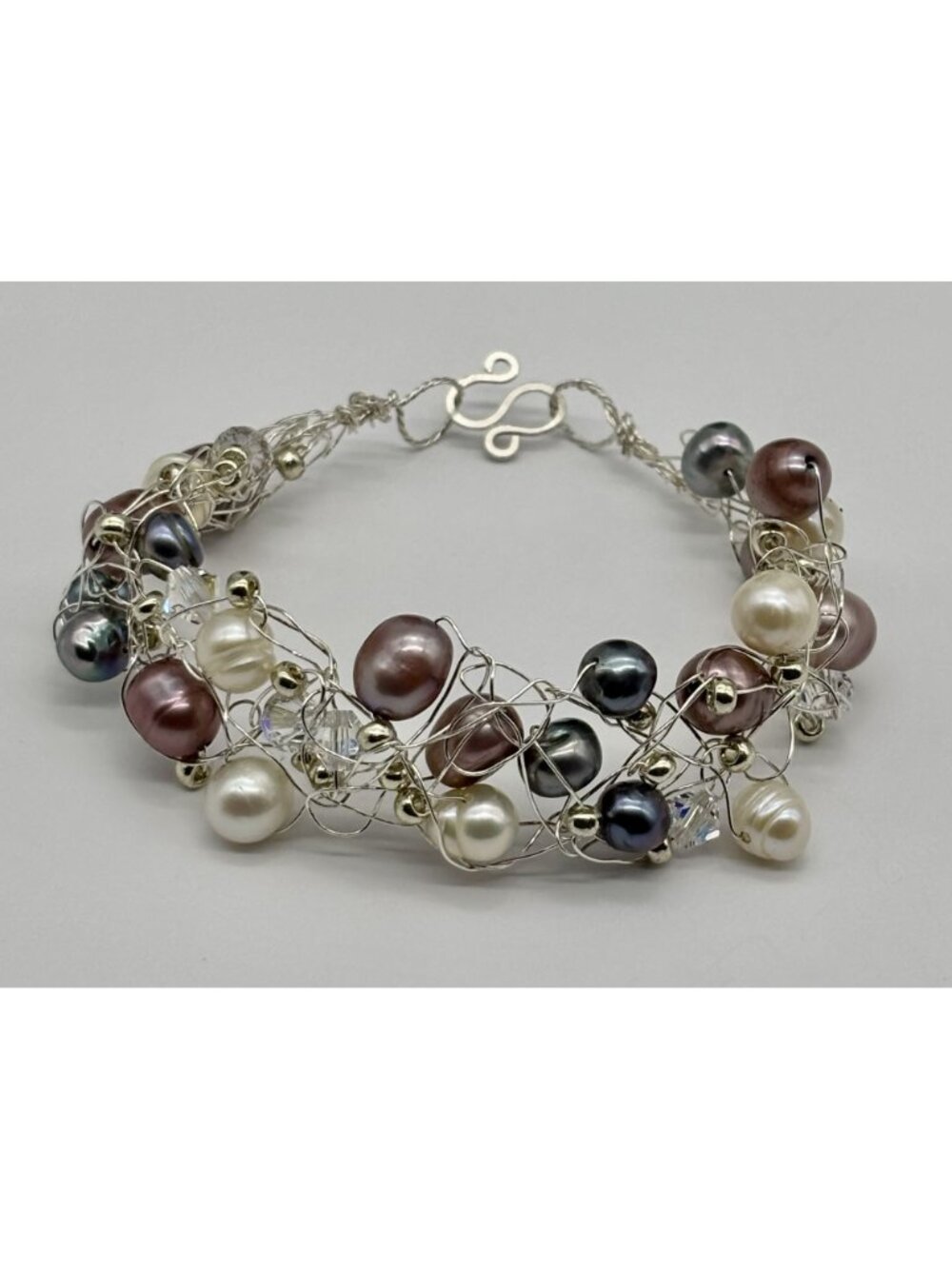 Artisan-Made Collar and Bracelet Set .999 Fine Silver Freshwater Pearls Crystals - Picture 6 of 15